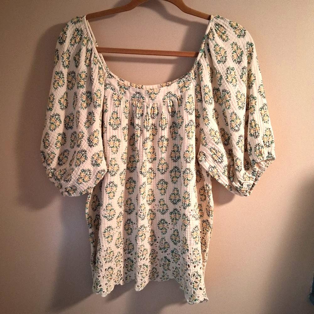 Solitaire Puff Sleeve Green and Yellow Floral Peasant Blouse With Eyelet Details